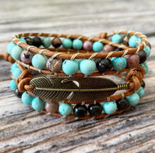 Load image into Gallery viewer, Feather 3x Wrap - Turquoise &amp; Pink Rhodonite