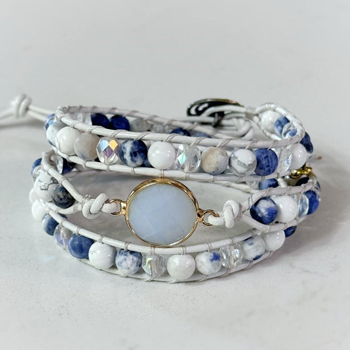 3x Quartz Pendant Wrap Bracelet  - Cloudscape Blues on White Leather