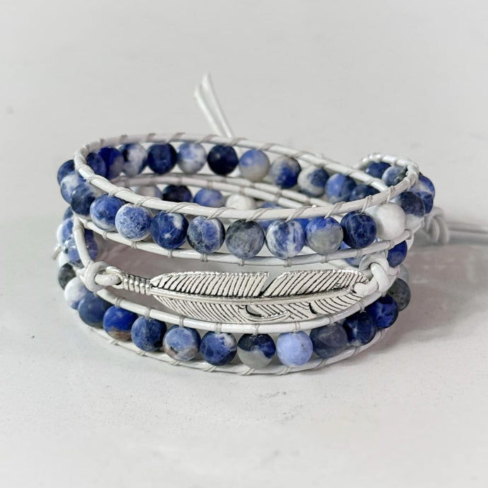 3x Feather Wrap Bracelet – Cloudscape Blues on White Leather