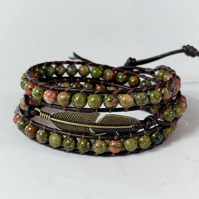 3x Feather Wrap Bracelet – Earthy Unakite on Brown Leather