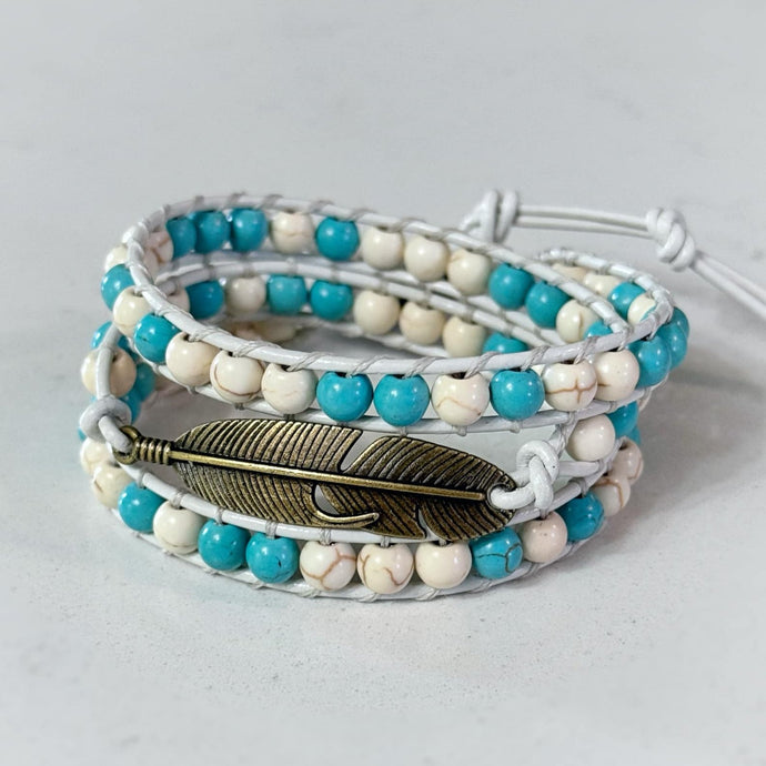 3x Feather Wrap Bracelet – Boho Turquoise on White Leather