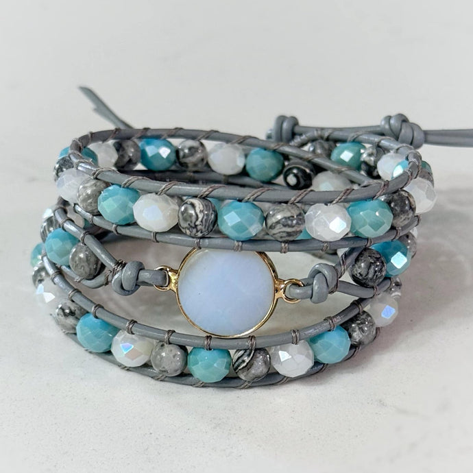 3x Quartz Pendant Wrap Bracelet  - Silver Agate & Blue Crystals on Grey Leather