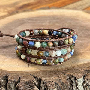 3x Wrap Bracelet – Earthy Gemstones on Brown Leather