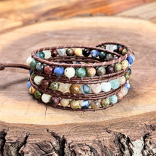 Load image into Gallery viewer, 3x Wrap Bracelet – Earthy Gemstones on Brown Leather