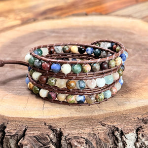 3x Wrap Bracelet – Earthy Gemstones on Brown Leather