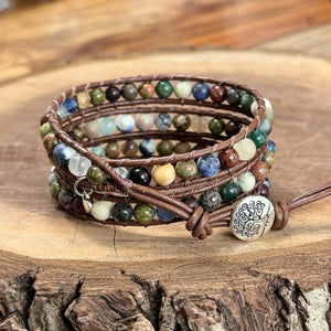 3x Wrap Bracelet – Earthy Gemstones on Brown Leather