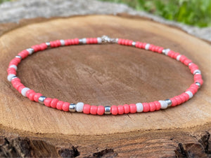 Choker Necklace - Coral & Silver/White