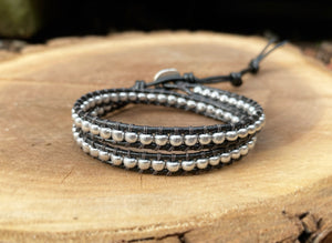 Matching Set (2x Wrap/Anklet) - Silver Nuggets (Black)