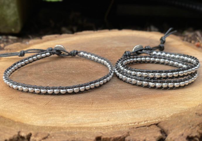 Matching Set (2x Wrap/Anklet) - Silver Nuggets (Black)