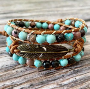 Feather 3x Wrap - Turquoise & Pink Rhodonite