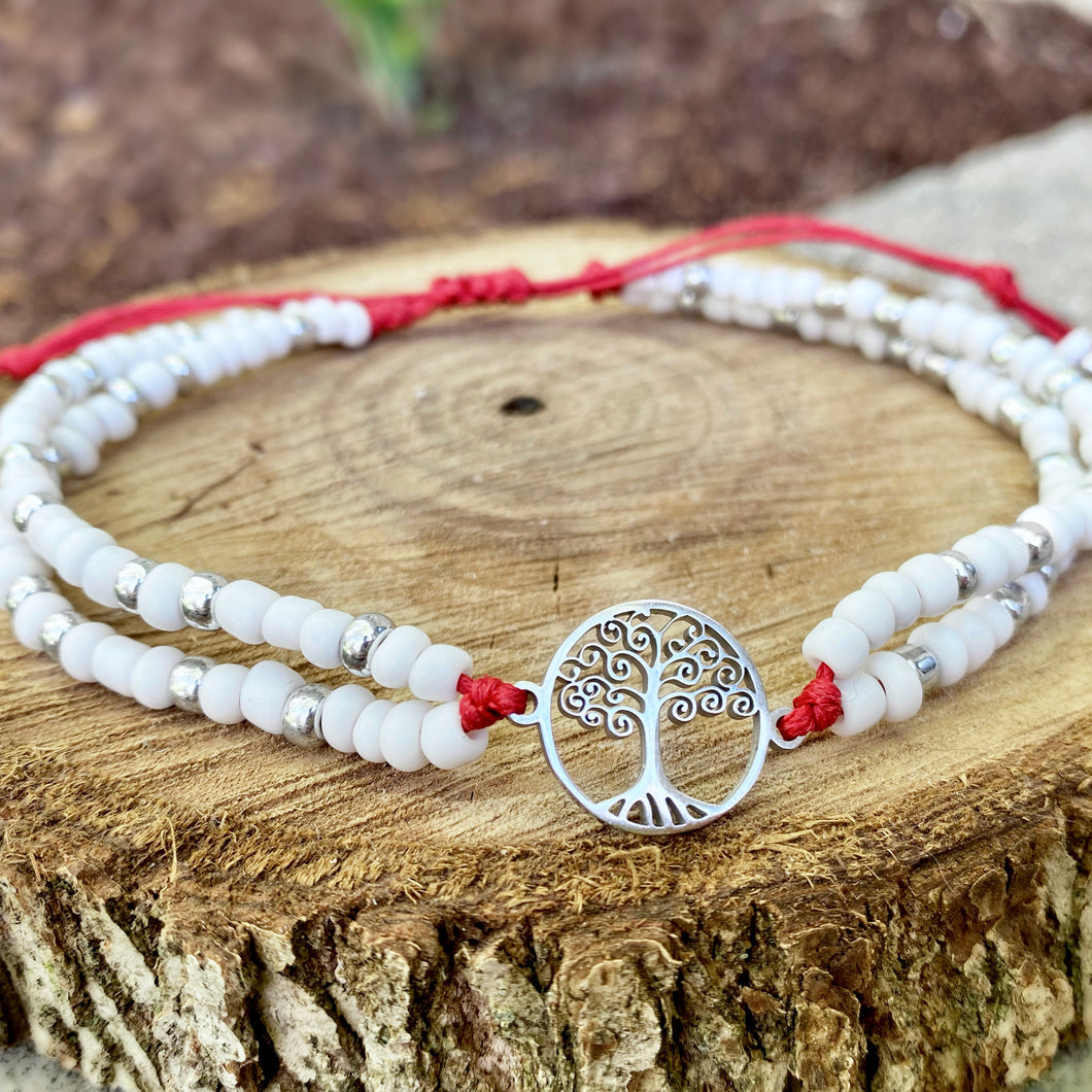 Anklet - Tree of Life 2-Strand White/Silver (Red)