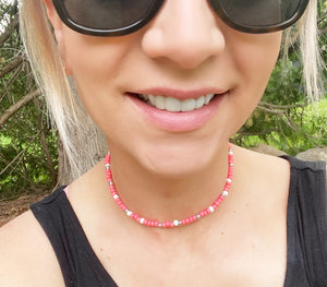 Choker Necklace - Coral & Silver/White